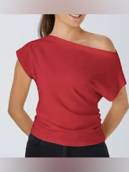 Nwt Halara Off Shoulder Short Sleeve Ruched Casual Top Red Small Cotton Blend
